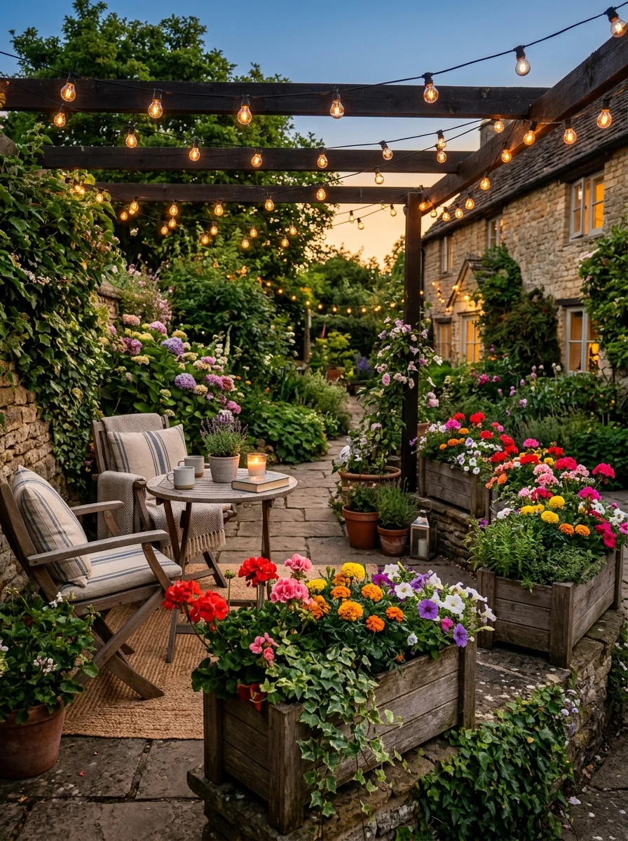 Flowering plants in patio containers
