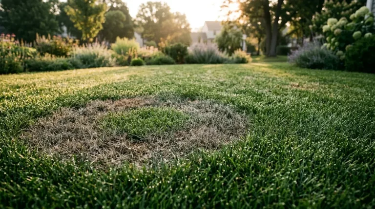 Large circular brown patch of blighted grass with a recovering green centre in a home lawn