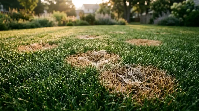 Straw-coloured dollar spot patches scattered across a dewy green lawn in early morning light