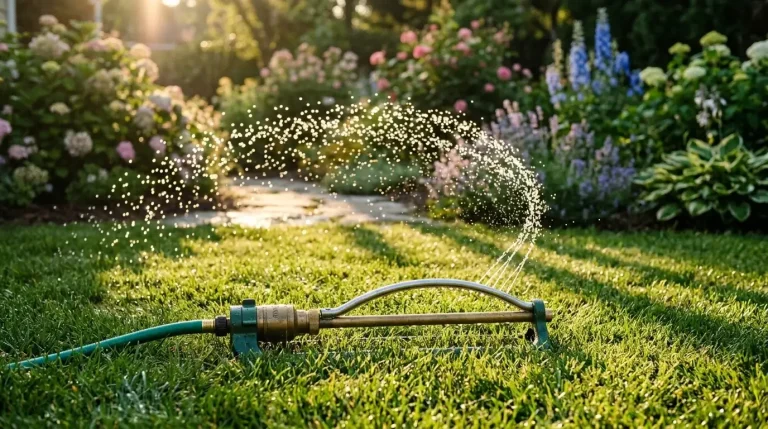 Lawn sprinkler watering a green lawn in early morning light with backlit water droplets