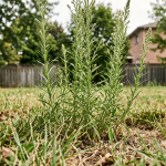 Tall horseweed plants growing in a patchy lawn