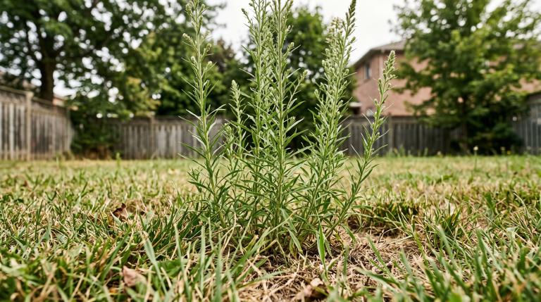 Tall horseweed plants growing in a patchy lawn