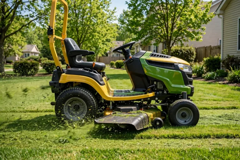 Riding lawn mower cutting grass with blades engaged