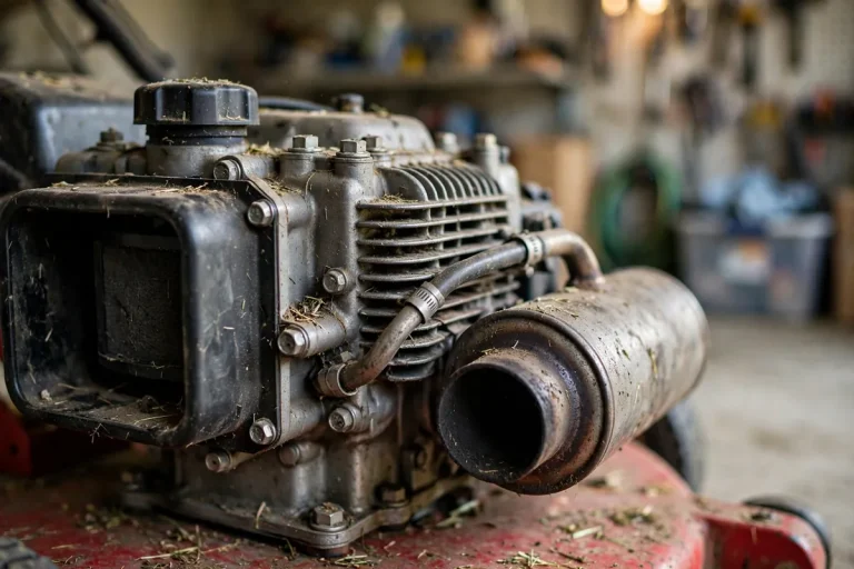 Lawn mower engine and exhaust muffler close-up