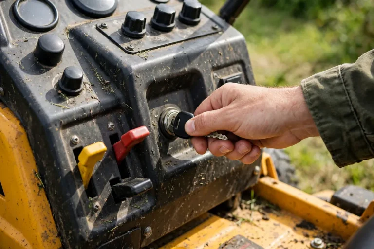 Hand turning ignition key on riding mower dashboard