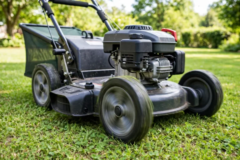 Walk-behind lawn mower vibrating on grass