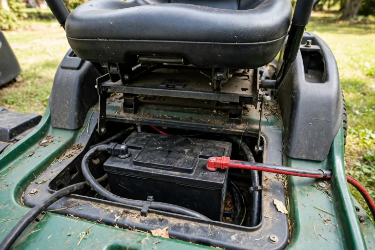 Riding mower battery compartment with cables
