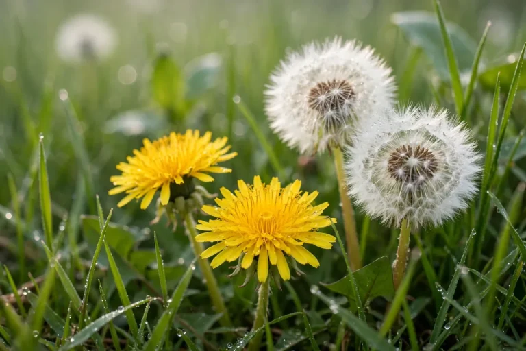 Dandelions growing in lawn grass