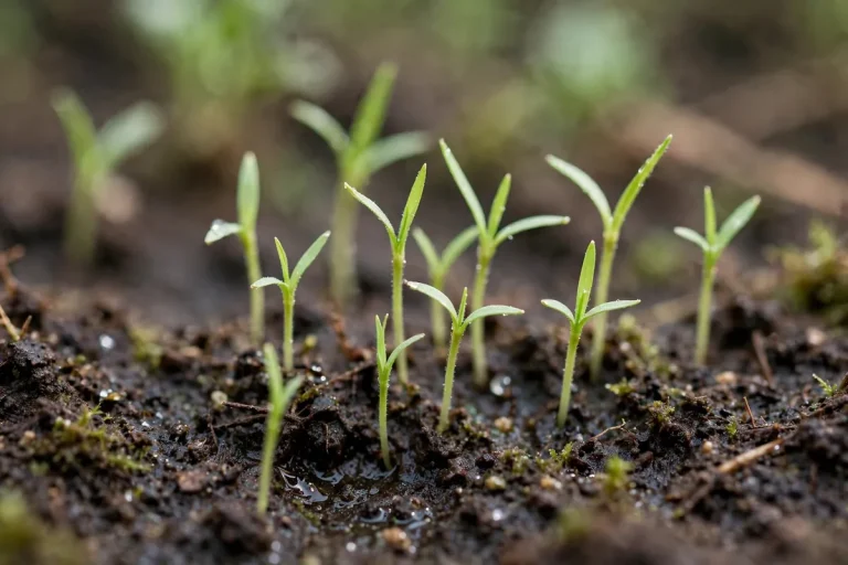Grass seedlings sprouting from soil