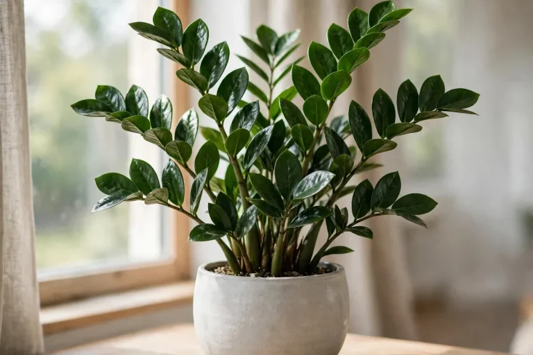 Healthy ZZ plant in ceramic pot indoors