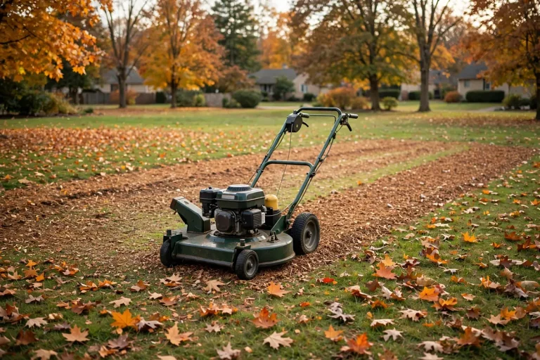Mulching leaves with a lawn mower on an autumn lawn