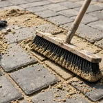 Push broom sweeping polymeric sand into paver joints on a patio