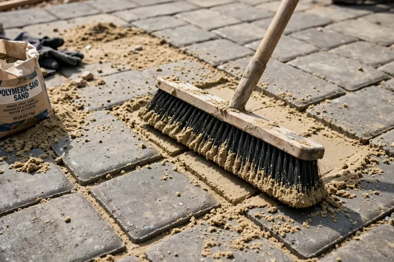 Push broom sweeping polymeric sand into paver joints on a patio