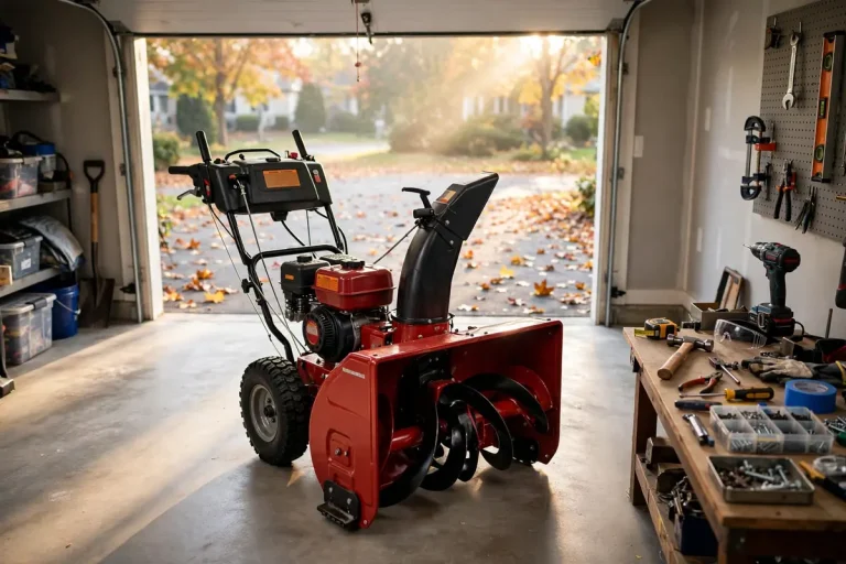 Snowblower prepared for winter in a garage