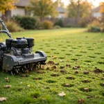 Core aerator machine aerating a green lawn in early fall, the best time to aerate your lawn