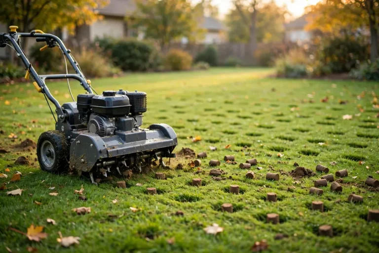 Core aerator machine aerating a green lawn in early fall, the best time to aerate your lawn