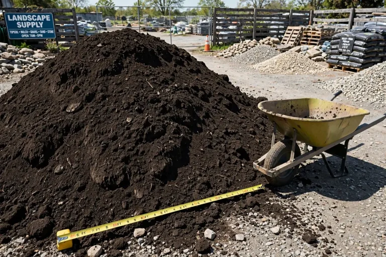 Pile of bulk topsoil at a landscape supply yard with a wheelbarrow